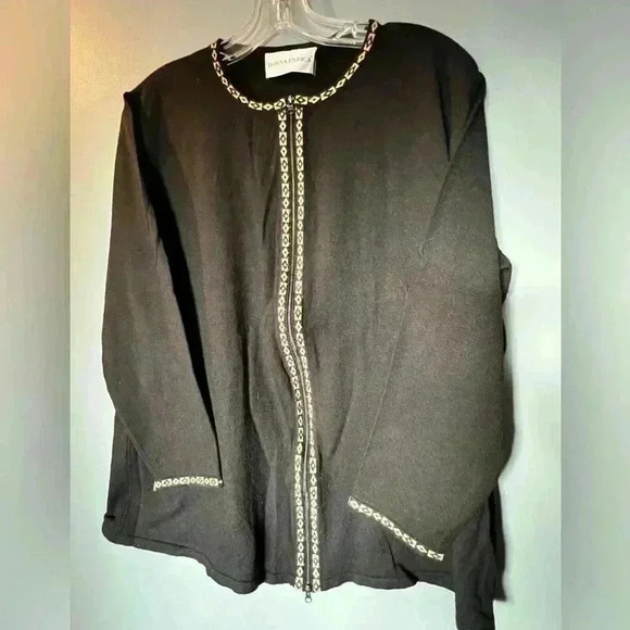 Donna Erica Italian Zip Up Cardigan. Size L Black with Gold Trim - Picture 1 of 6